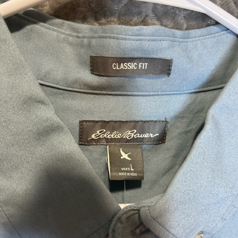 New Men’s Eddie Bauer Shirt Size Large Y2K Outdoors Blue Denim Cowboy Preppy - Picture 9 of 14